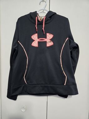 Under Armour Hoodie Womens XL Black Pink Camo Logo ColdGear Sweatshirt